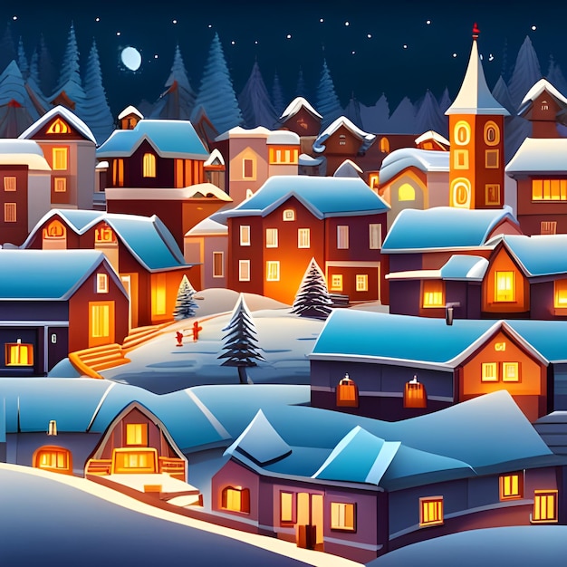 Winter village landscape Merry Christmas greeting card flat illustration Snowy night in cozy town city panorama