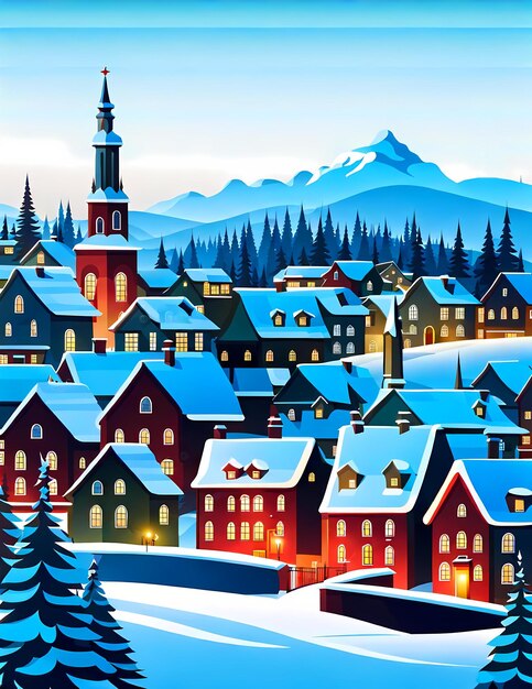 Photo winter village landscape merry christmas greeting card flat illustration snowy night in cozy town city panorama