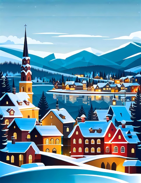 Photo winter village landscape merry christmas greeting card flat illustration snowy night in cozy town city panorama