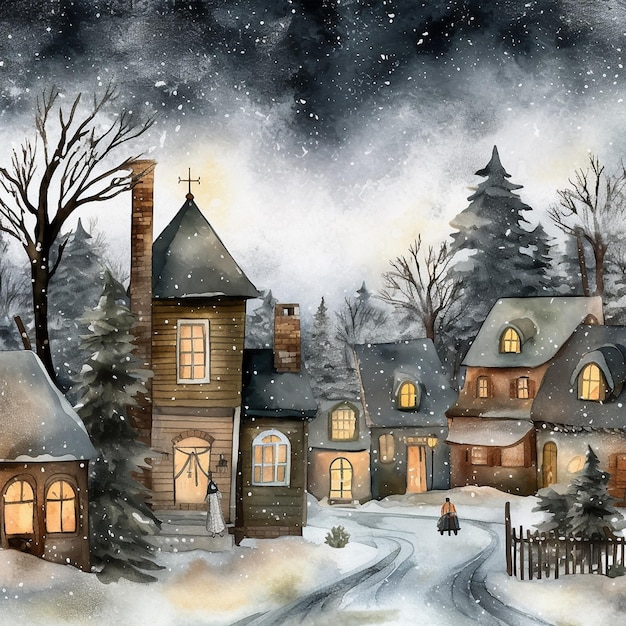 Winter village landscape Watercolor New Year Background