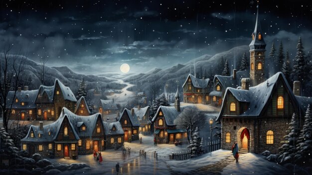 Winter village at night with full moon and snowfall