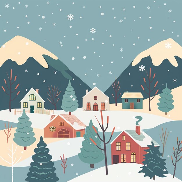Photo winter village poster with beautiful comfortable houses the land and mountains are covered with snow