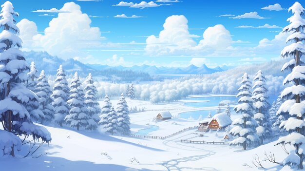 Winter village snowy landscape with pines forest and hills on background Comic paint style