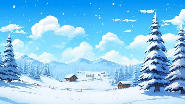 Winter village snowy landscape with pines forest and hills on background Comic paint style