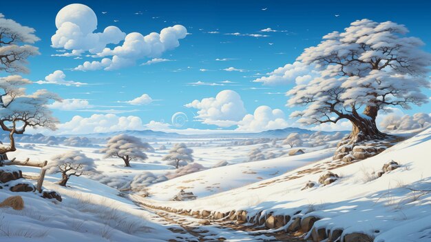 뒷면에 소나무 숲과 언덕이 있는 겨울 마을의 눈 인 풍경 그림과 페인트 스타일