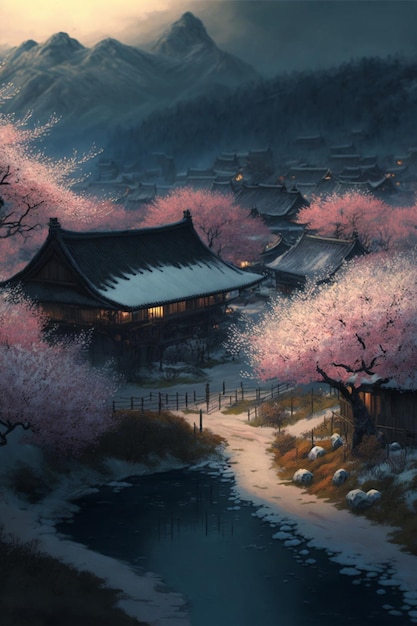 Winter a village surrounded by peach blossoms Generative Ai