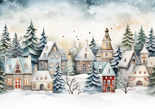 winter village trees snow illustrated sparkles air extremely building textures rounded house cute