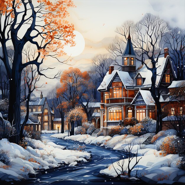 Winter village watercolor painting illustration