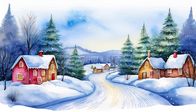 winter village watercolor