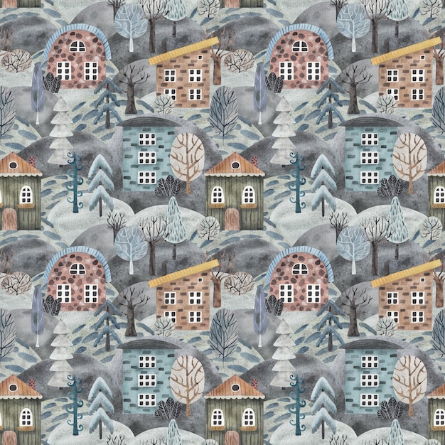 사진 겨울 마을 겨울 시즌 플랫 만화 스타일의 수채화 그림 원활한 패턴