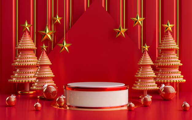 winter vrolijk kerstfeest luxe rood en goud podiumdisplay voor productpresentatie 3D-rendering
