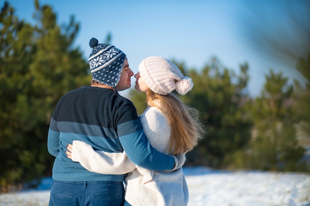 Passeggiata invernale attraverso i boschi. vista posteriore un ragazzo con una ragazza in un abbraccio a piedi nella foresta invernale