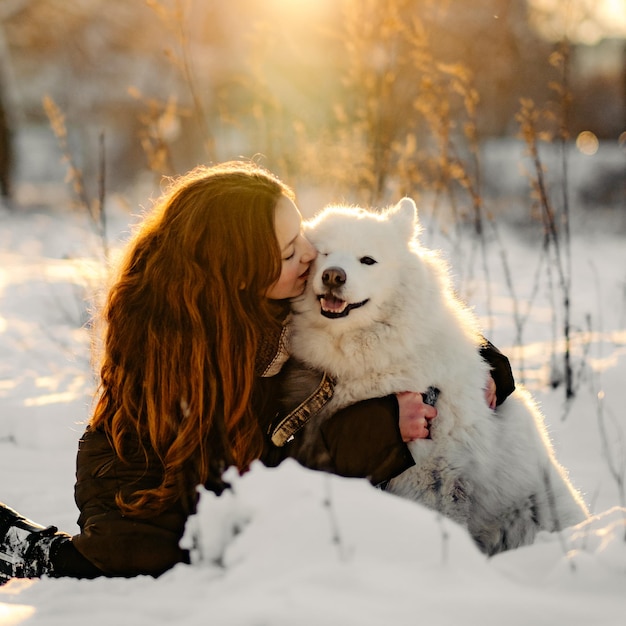 Winter walk with your favorite Samoyed pet