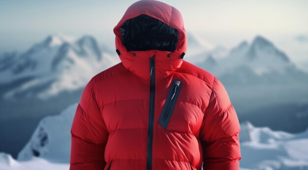 Winter warm jacket on the background of mountains without a person created with the help of Generative AI technology