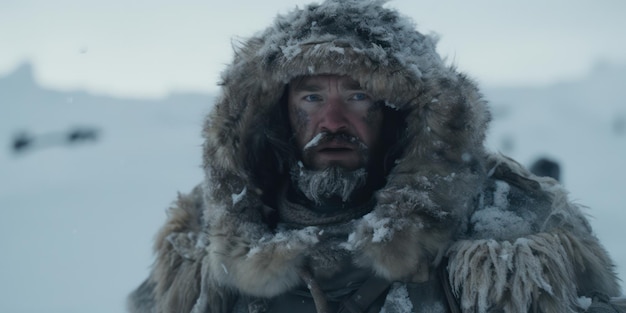Фото Зимний воин красивый мужской портрет в снежном приключении