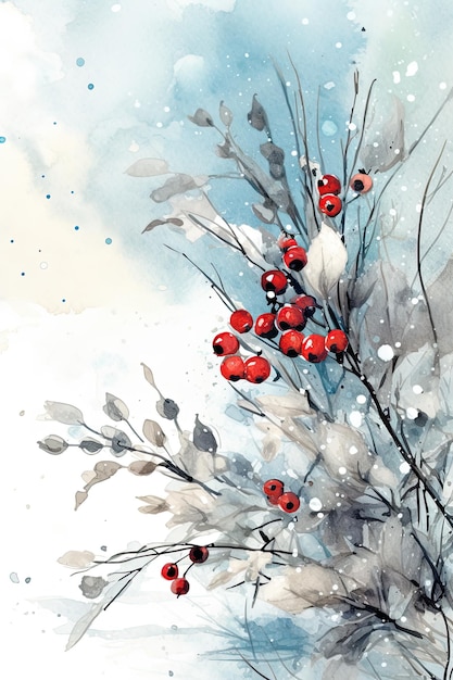 Зимняя акварельная открытка с ягодами Иллюстрация AI GenerativexA