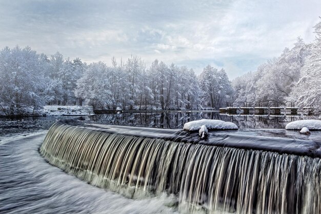 Foto paesaggio acquatico invernale cascata alberi coperti di neve