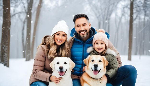 사진 행복한 가족과 개들과 함께하는 겨울 날씨
