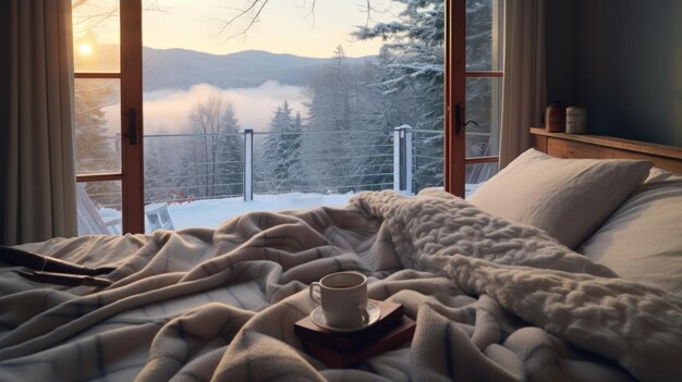 사진 겨울 주말 아침 편안한 침대 뜨거운 카카오와 얼음 키스 창문 파노라마