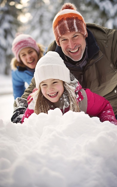 Winter wellness en activiteit Gelukkige familie vader en dochters maakten een sneeuwman