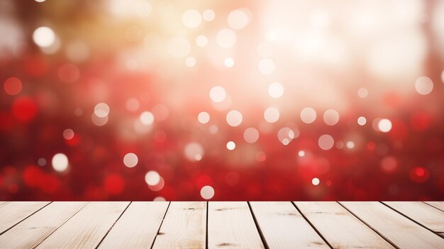 Foto winter whispers bokeh rosso su tavolozza di legno bianco