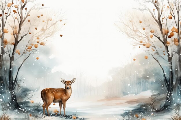 Winter wildlife watercolor illustrations Christmas themed background with empty space for text