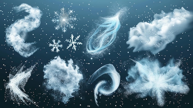 雪花と氷の粒子の冬の風 透明な背景に白い雲と雪花と冰の粒子を描いた近代的な現実的なセット