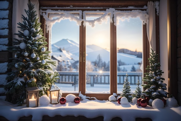 Winter Window with Snow and Decorations