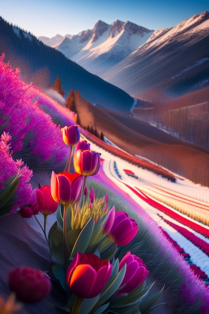 winter with beautiful pink tulips that are blooming gro