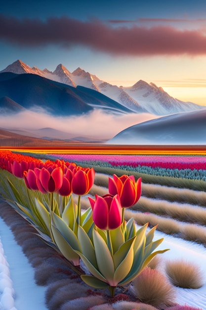 winter with beautiful tulips that are blooming gro