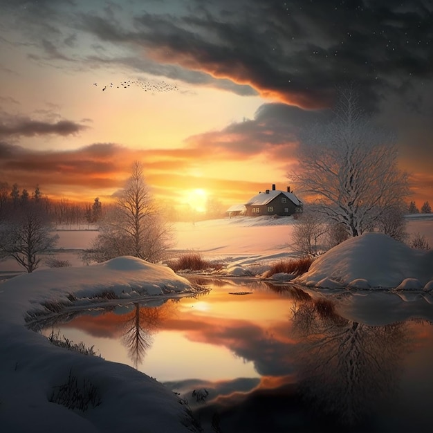 Winter with snowy views and rivers with sunset