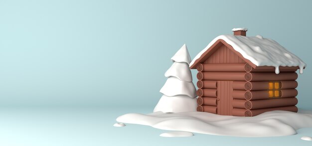 Winter with wooden house and tree