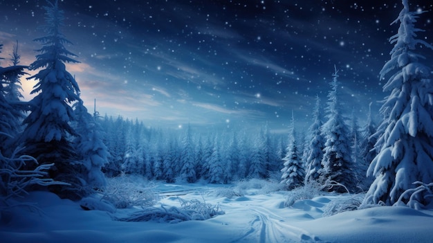 冬の不思議な土地 素晴らしい雪に覆われた冬の風景 夜
