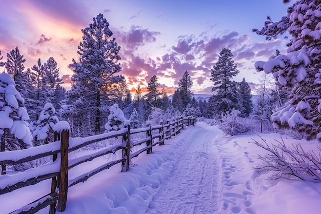 写真 森 の 道 を 覆っ て いる 新鮮 な 雪 と 共 に 夕暮れ の 冬 の ワンダー ランド