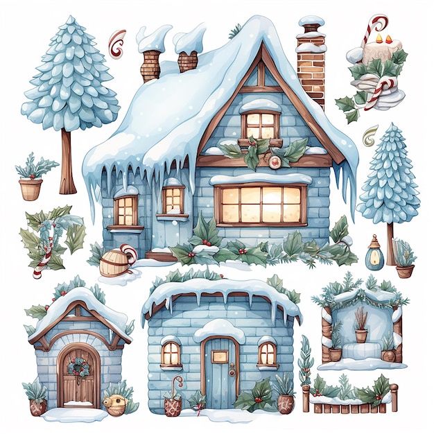 Winter Wonderland Cottage Cute Winter House and Decoration Clipart
