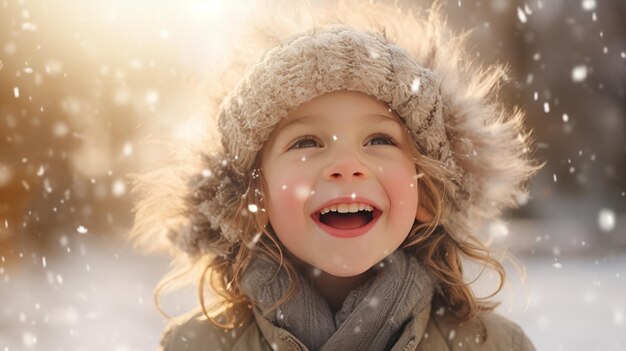 Winter wonderland a delighted little boy plays in the snow