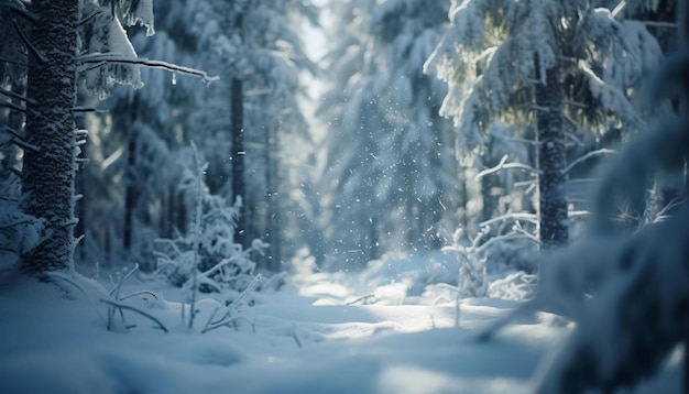 Photo a winter wonderland in a dense forest with snowcovered trees