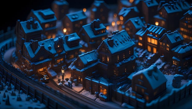 Winter Wonderland Diorama Kleine houten stad 's nachts