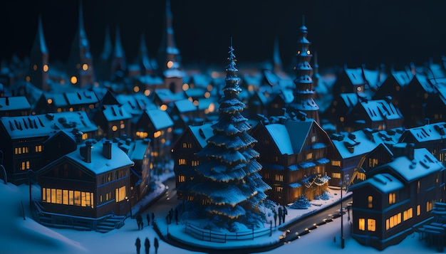 Winter Wonderland Diorama Tiny Wooden City at Night