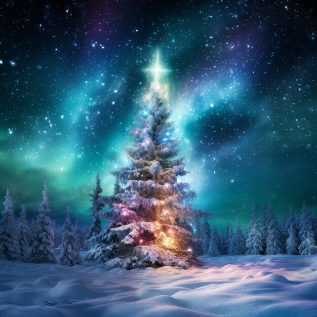 Winter Wonderland Enchanting Nordic Christmas Tree adorned with Glowing Snow Lights and Aurora Bo