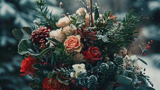 Winter Wonderland Florals Cinematic shots of winter wonderland florals with images of seasonal blooms evergreen branches and fe AI generated illustration