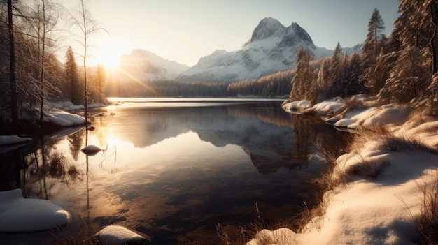 A winter wonderland from above with a frozen lake