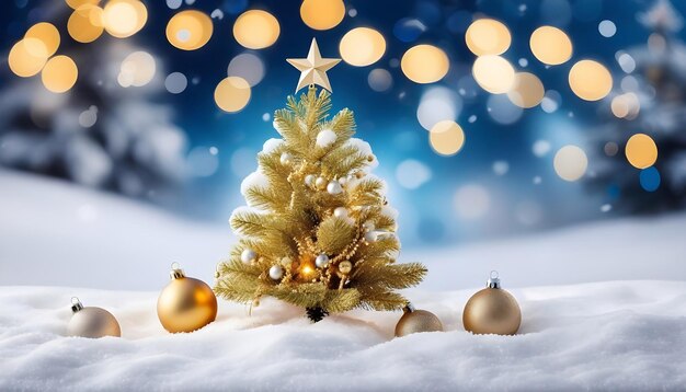 Зимняя страна чудес Золотая рождественская елка в снегу