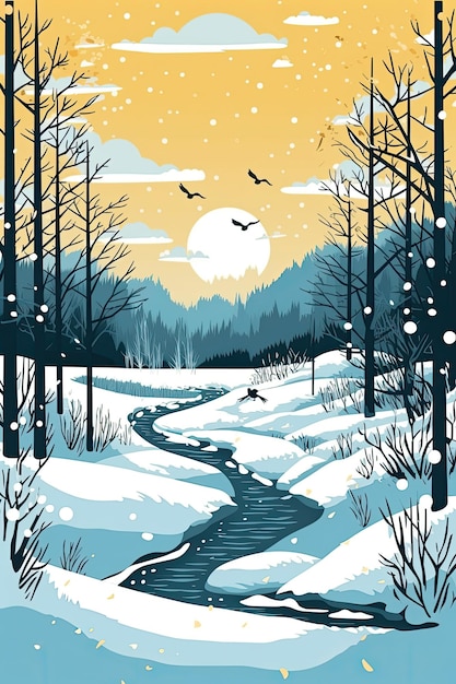 Winter wonderland graphic design yellow blue white and black AI Generated