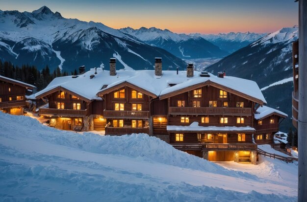 Winter wonderland in een besneeuwde berg lodge