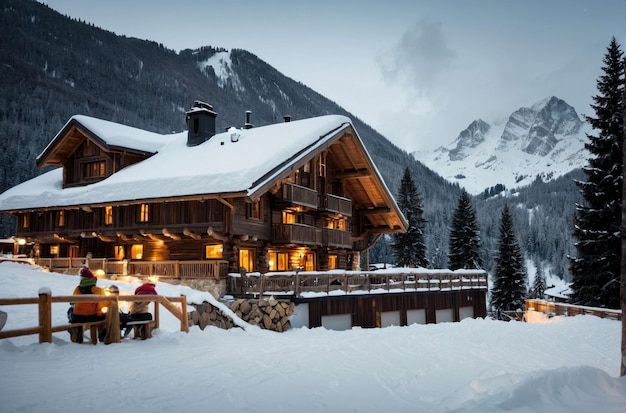 Winter wonderland in een besneeuwde berg lodge