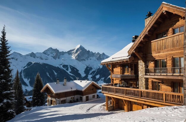 Winter wonderland in een besneeuwde berg lodge