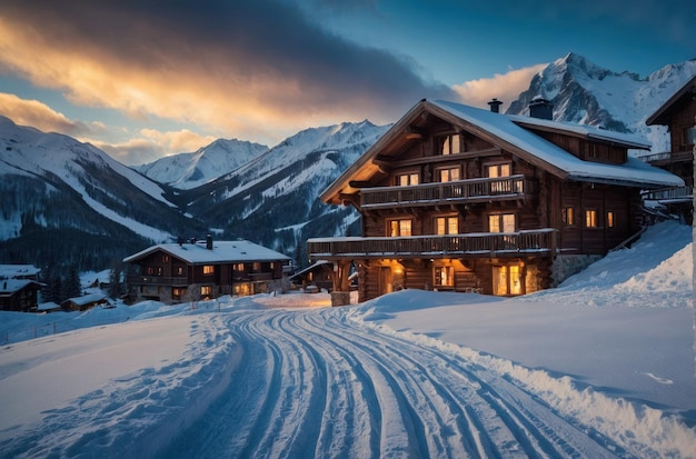 Winter wonderland in een besneeuwde berg lodge