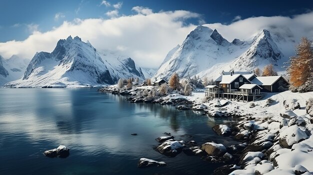 Winter wonderland landscape with a beautiful winter lake and snowy mountains