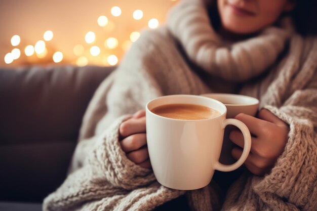 Photo winter wonderland of love embracing romance with warm blankets hot coffee and a christmas tree